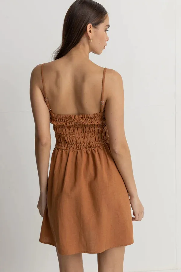 Rhythm Classic Shirred Mini Dress  - Caramel