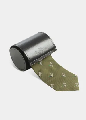 Ripon Silk Country Tie In Olive - Duck Design