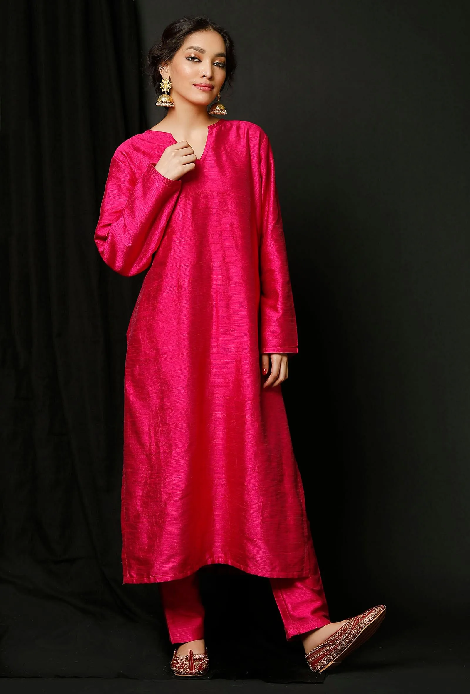 Set of 2 : Pink Raw Silk Kurta and Pink Silk Pants