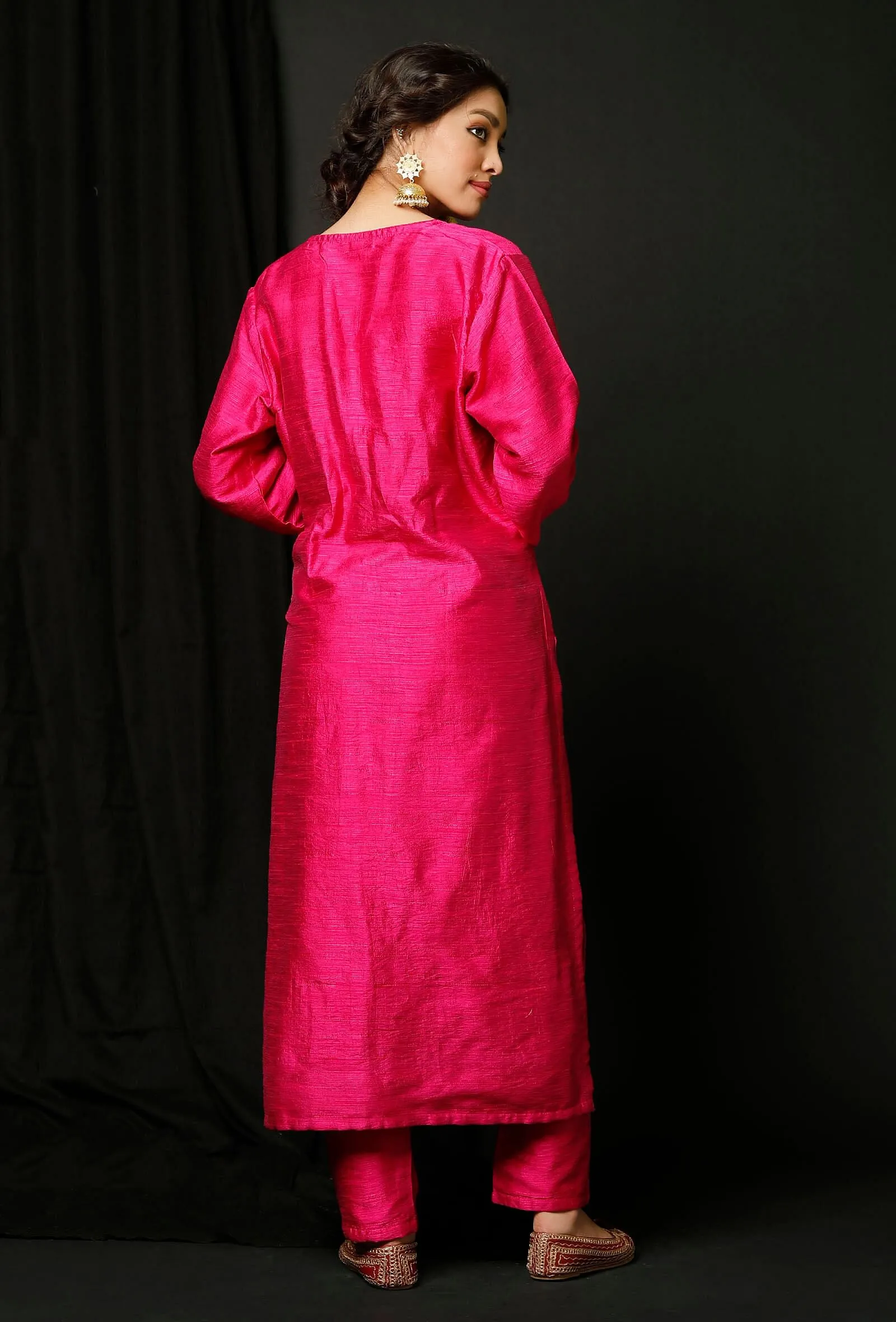 Set of 2 : Pink Raw Silk Kurta and Pink Silk Pants