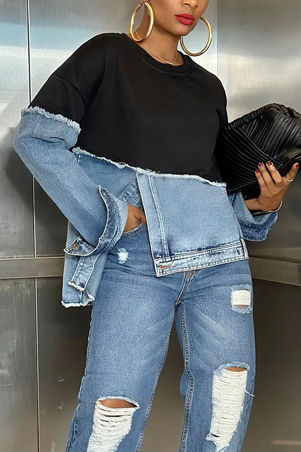 Stylish Irregular Hem Denim Patch Sweatshirt