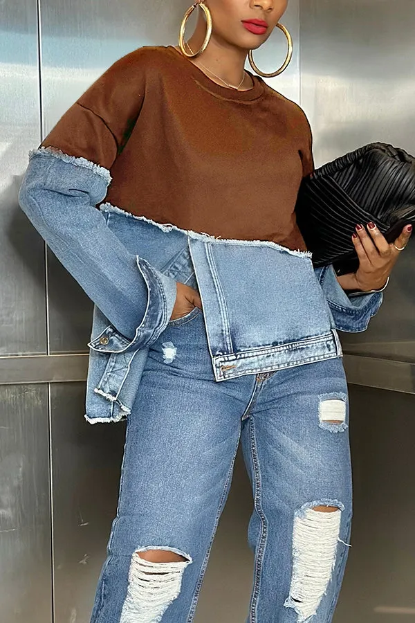 Stylish Irregular Hem Denim Patch Sweatshirt