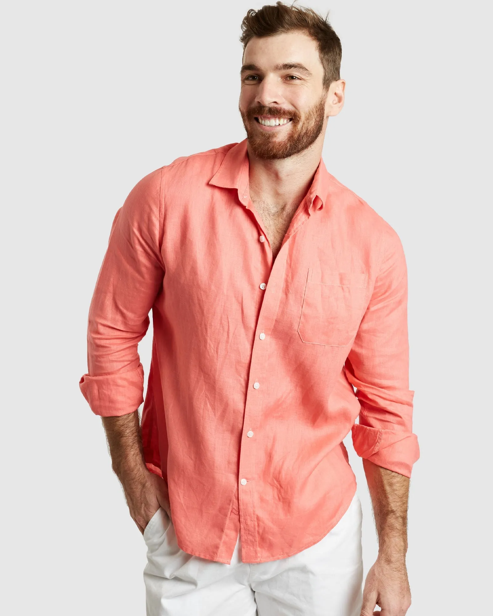 Tulum-Casual Coral Linen Shirt Long Sleeve