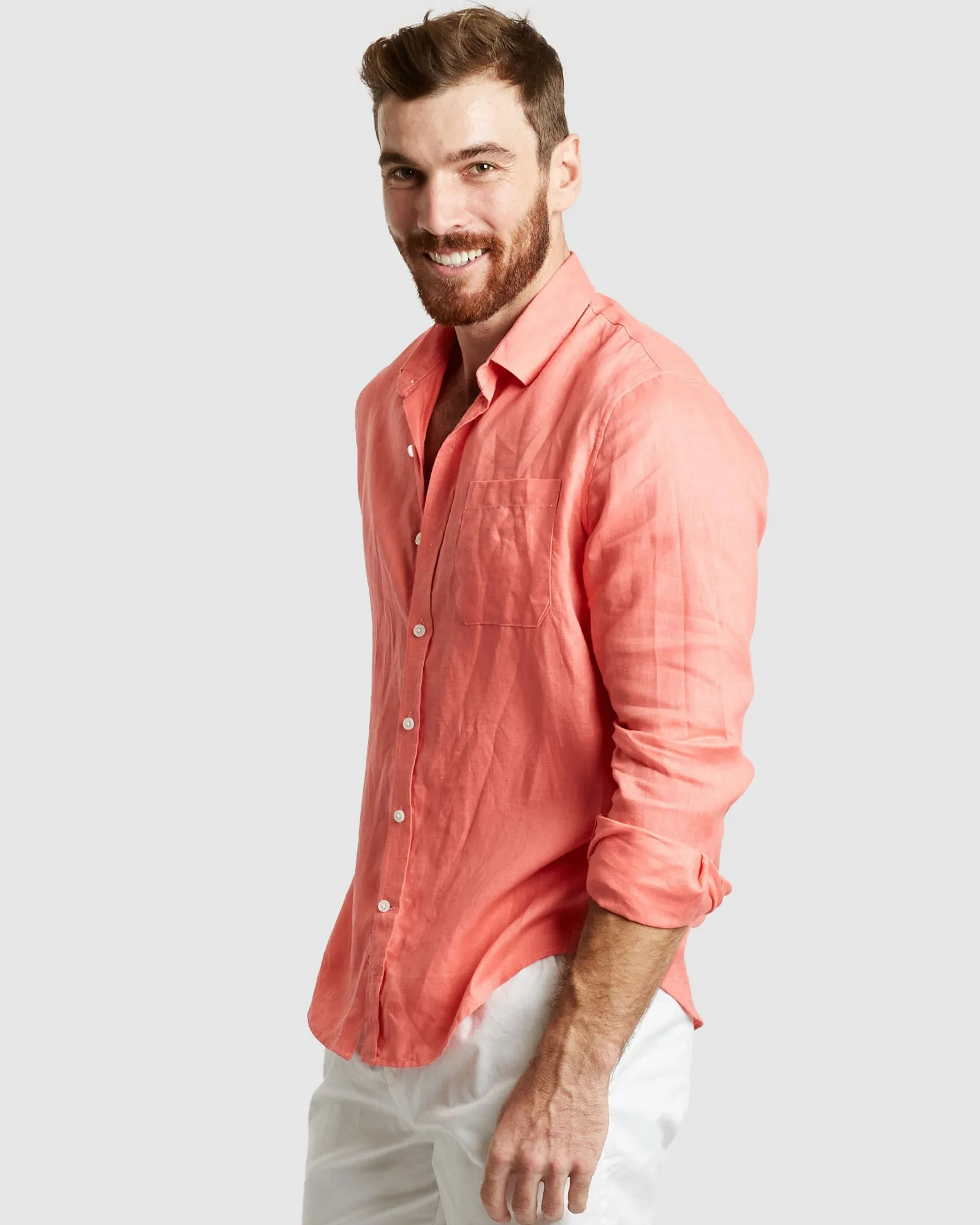 Tulum-Casual Coral Linen Shirt Long Sleeve