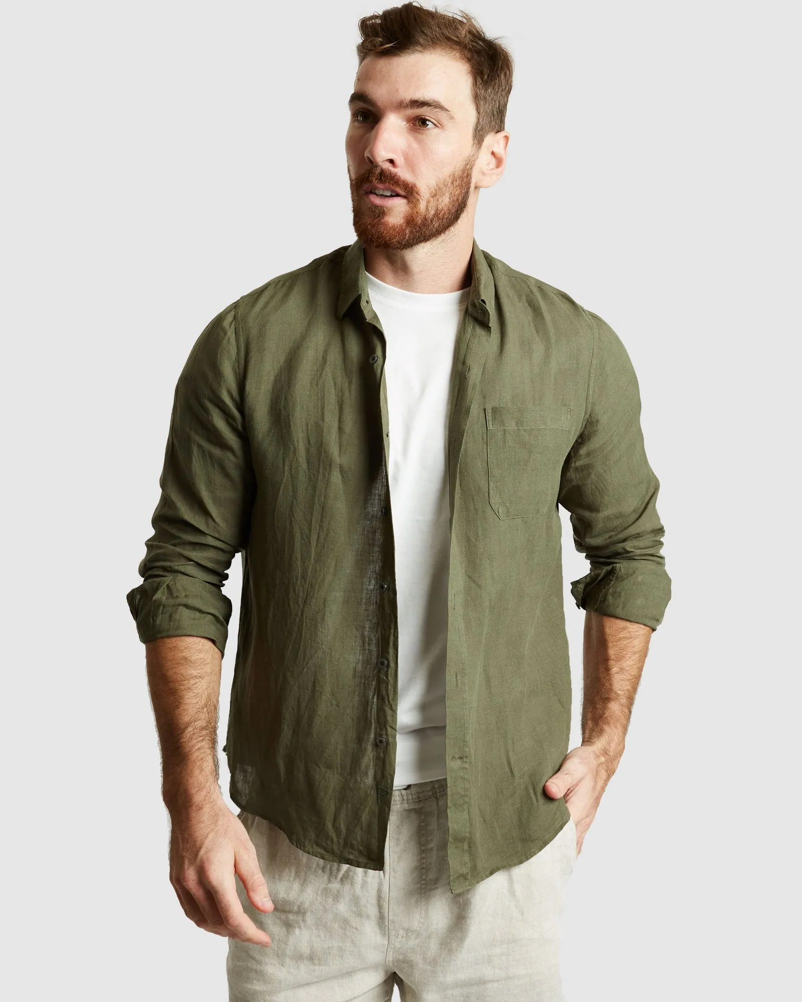 Tulum-Casual Green Linen Shirt Long Sleeve