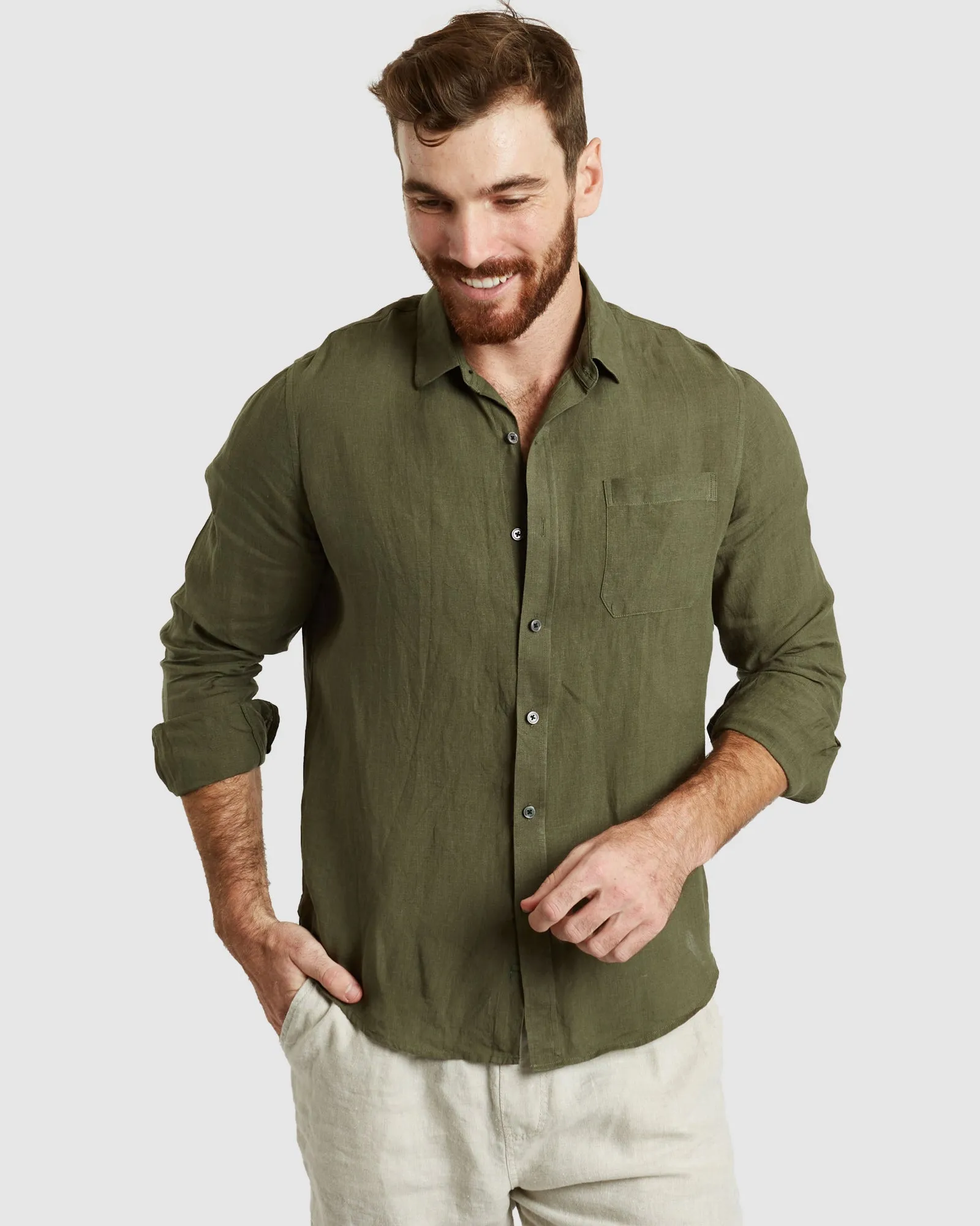 Tulum-Casual Green Linen Shirt Long Sleeve