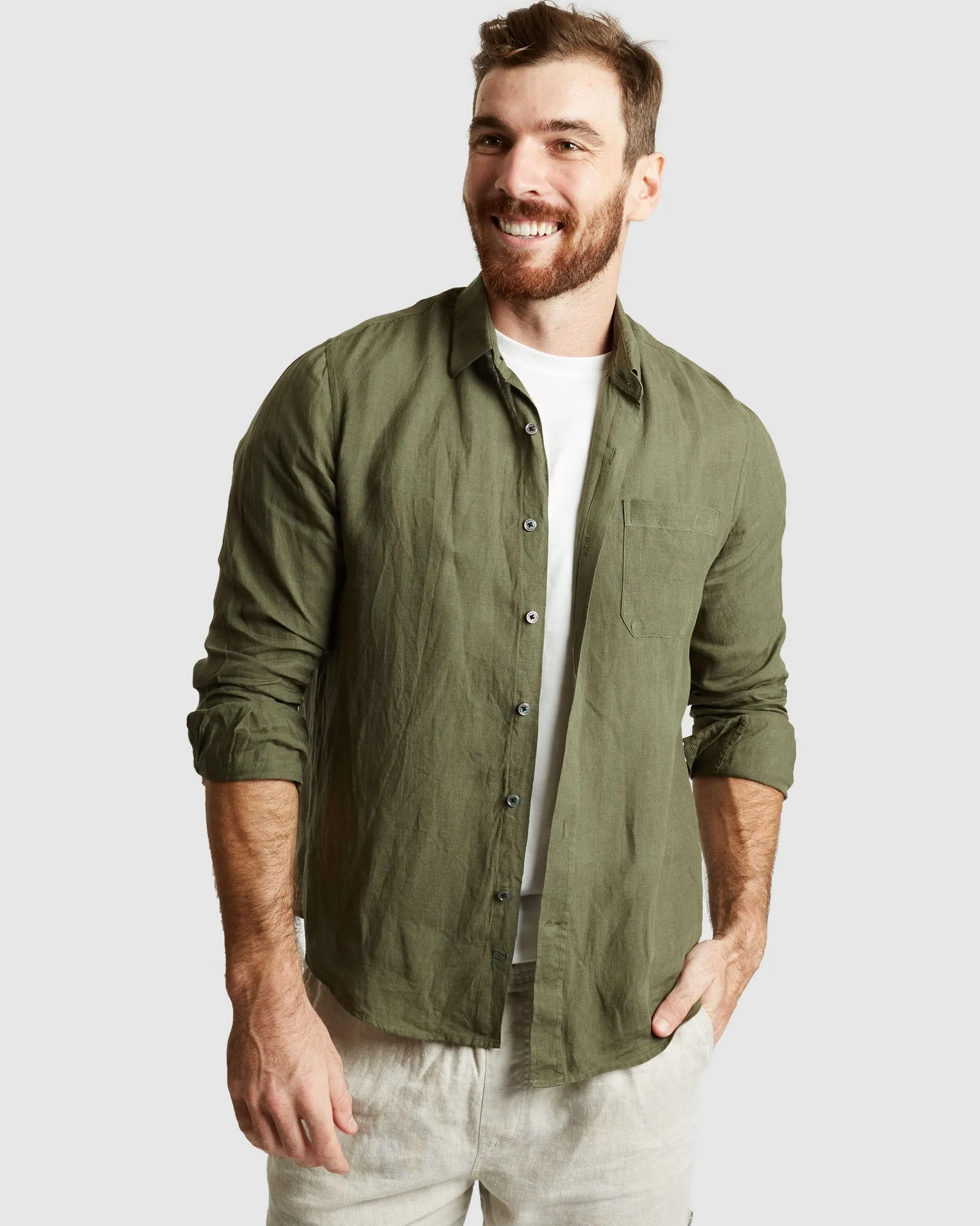 Tulum-Casual Green Linen Shirt Long Sleeve