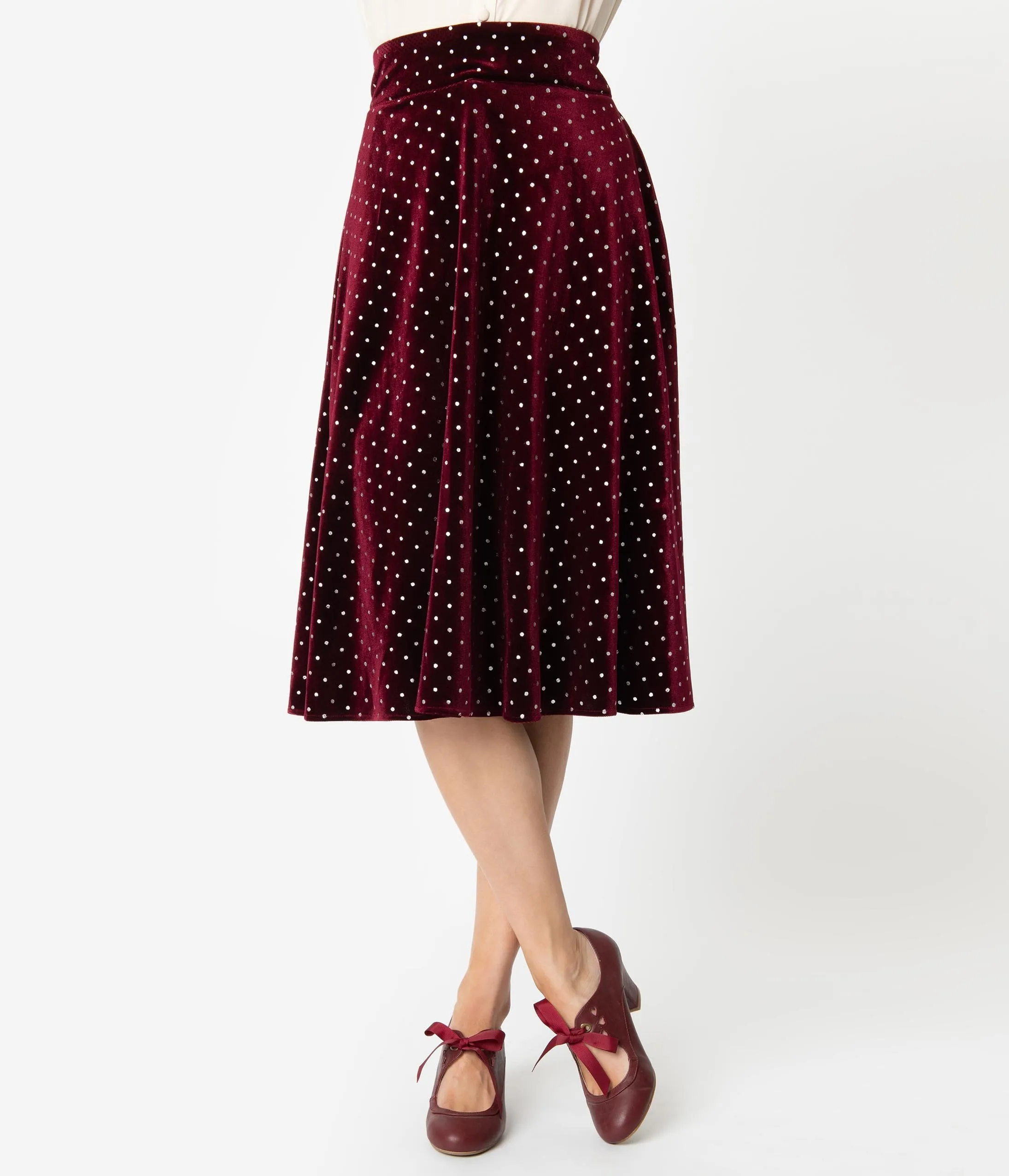 Unique Vintage Retro Merlot Red & Silver Polka Dot Velvet Vivien Swing Skirt