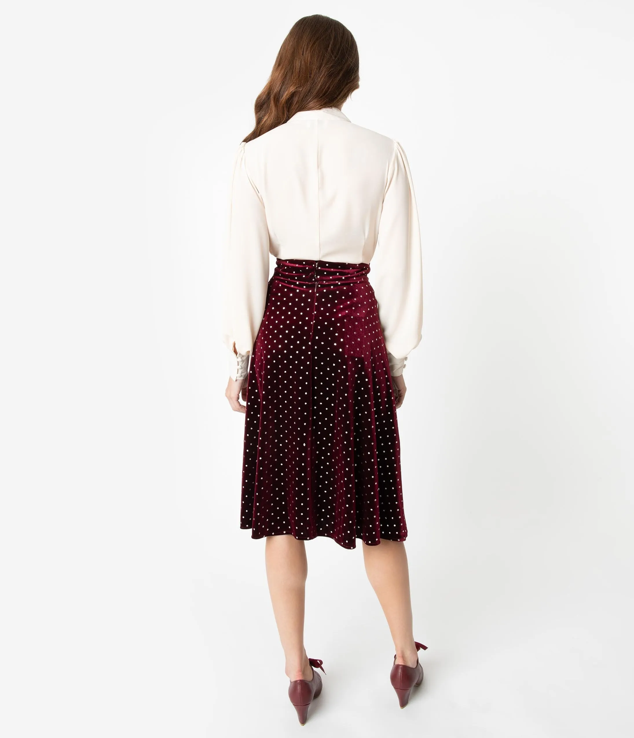 Unique Vintage Retro Merlot Red & Silver Polka Dot Velvet Vivien Swing Skirt