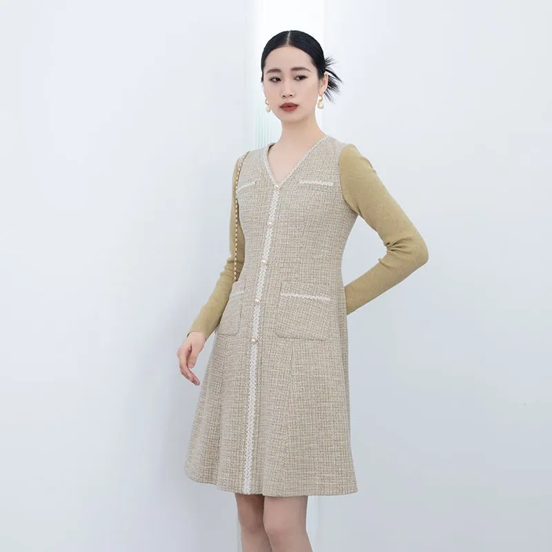 Yellow Tweed Long Sleeve Midi Dresses