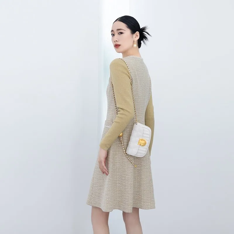 Yellow Tweed Long Sleeve Midi Dresses