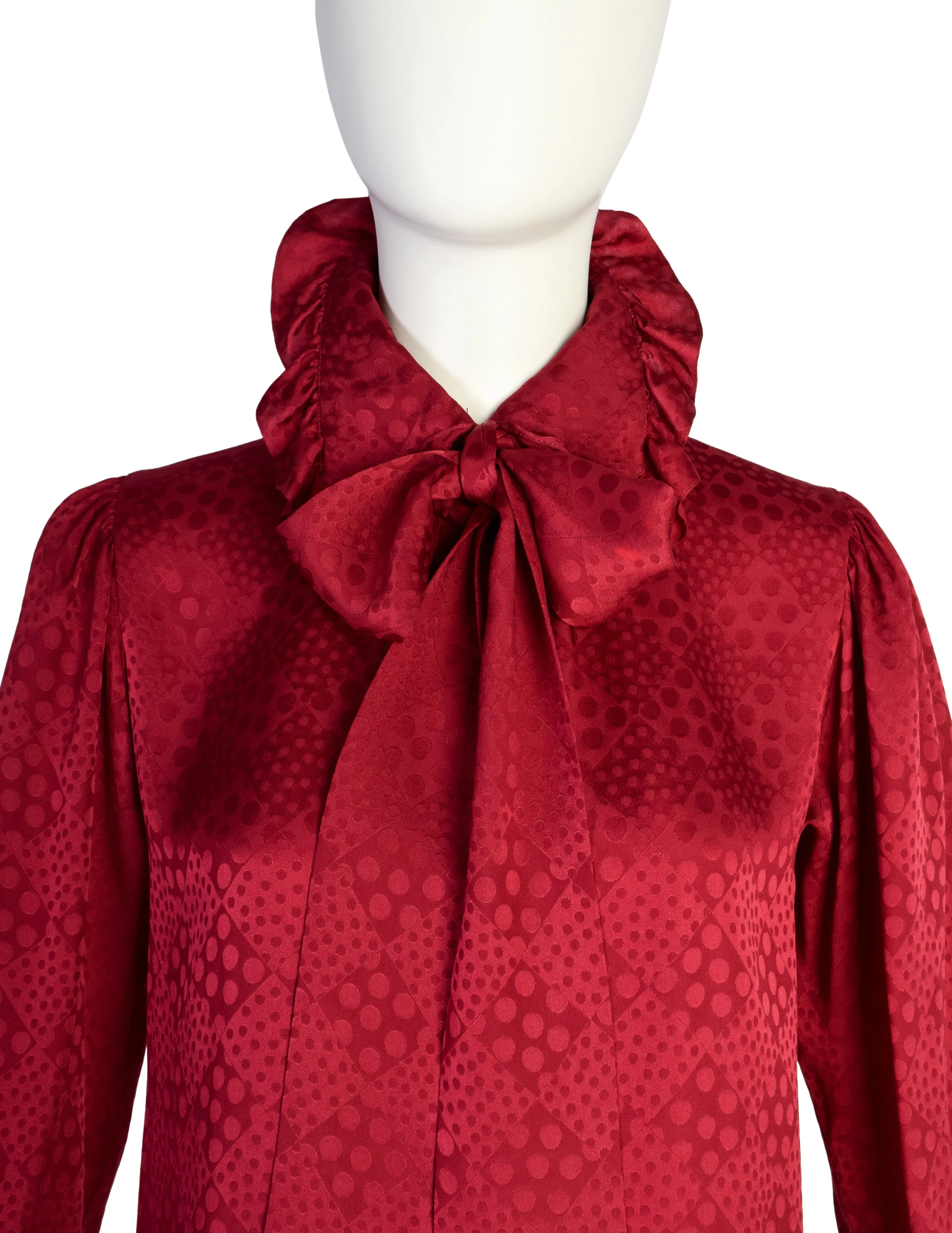 Yves Saint Laurent Vintage 1970s Maroon Silk Dot Jacquard Ruffle Lavaliere Shirt