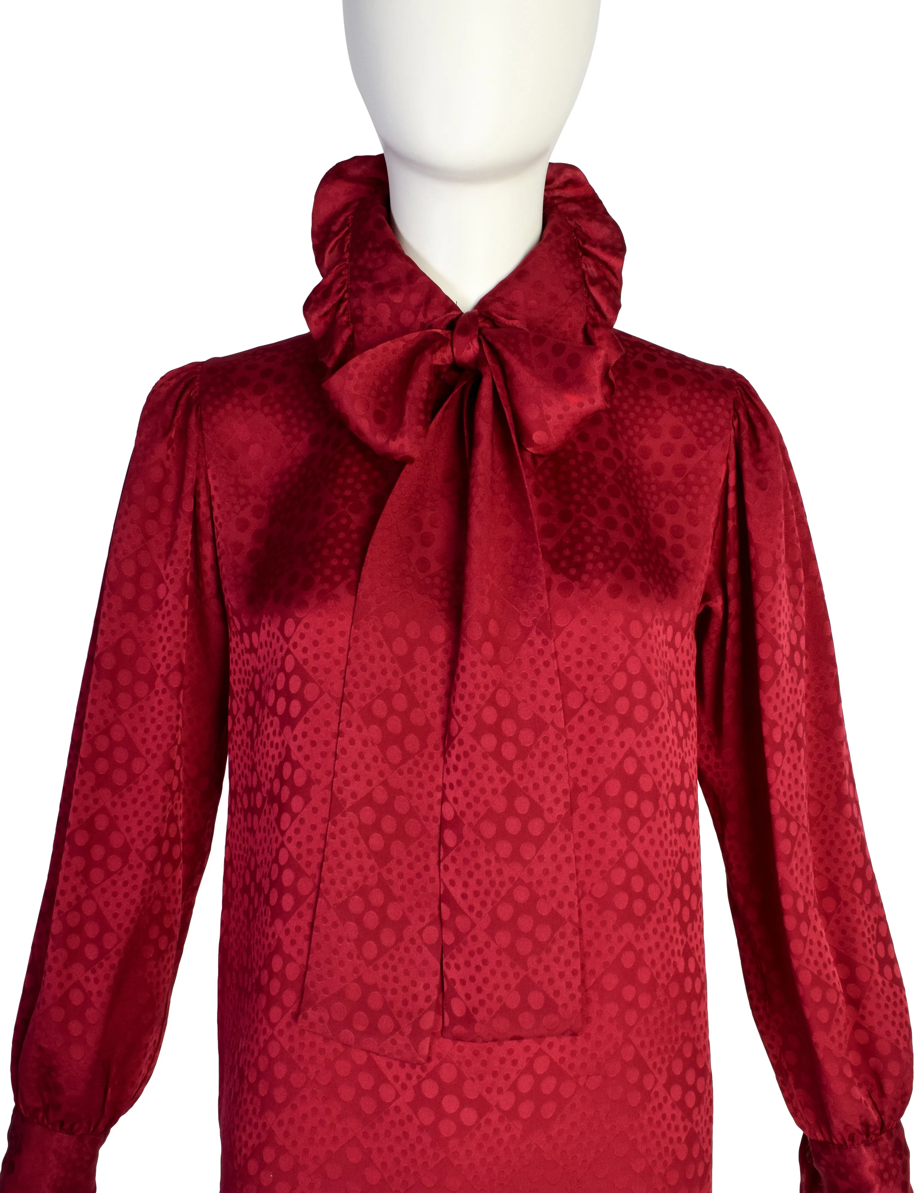 Yves Saint Laurent Vintage 1970s Maroon Silk Dot Jacquard Ruffle Lavaliere Shirt