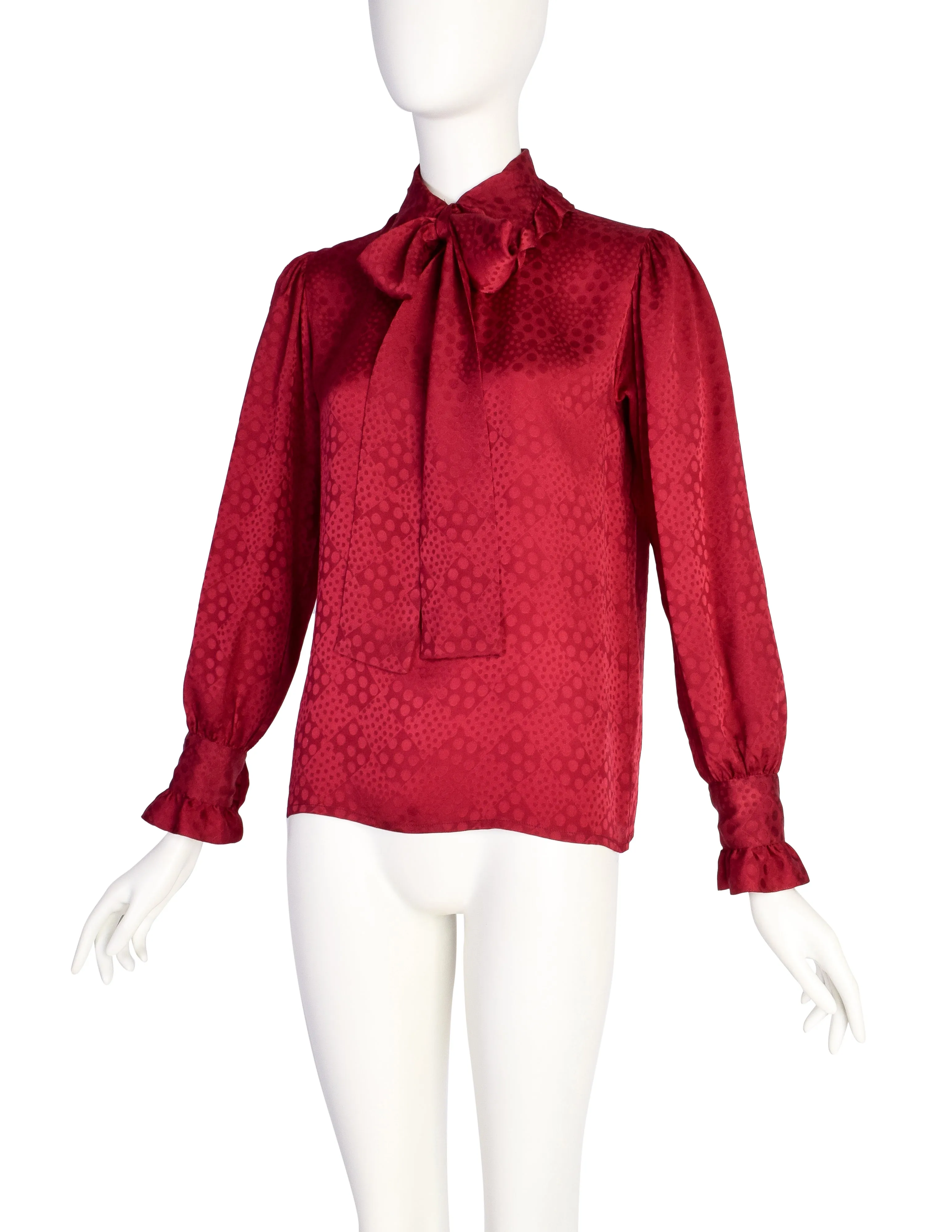 Yves Saint Laurent Vintage 1970s Maroon Silk Dot Jacquard Ruffle Lavaliere Shirt