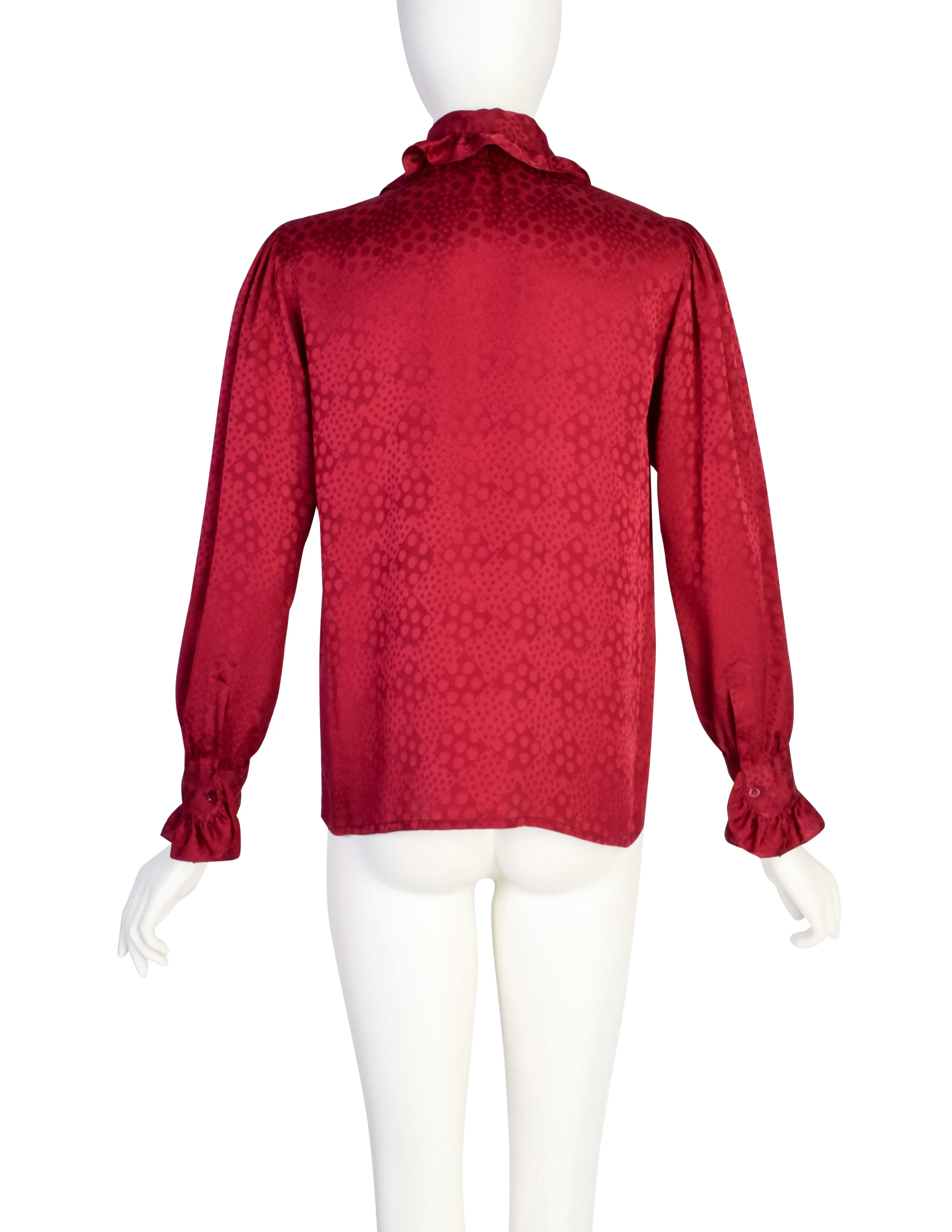 Yves Saint Laurent Vintage 1970s Maroon Silk Dot Jacquard Ruffle Lavaliere Shirt