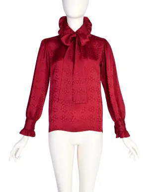 Yves Saint Laurent Vintage 1970s Maroon Silk Dot Jacquard Ruffle Lavaliere Shirt