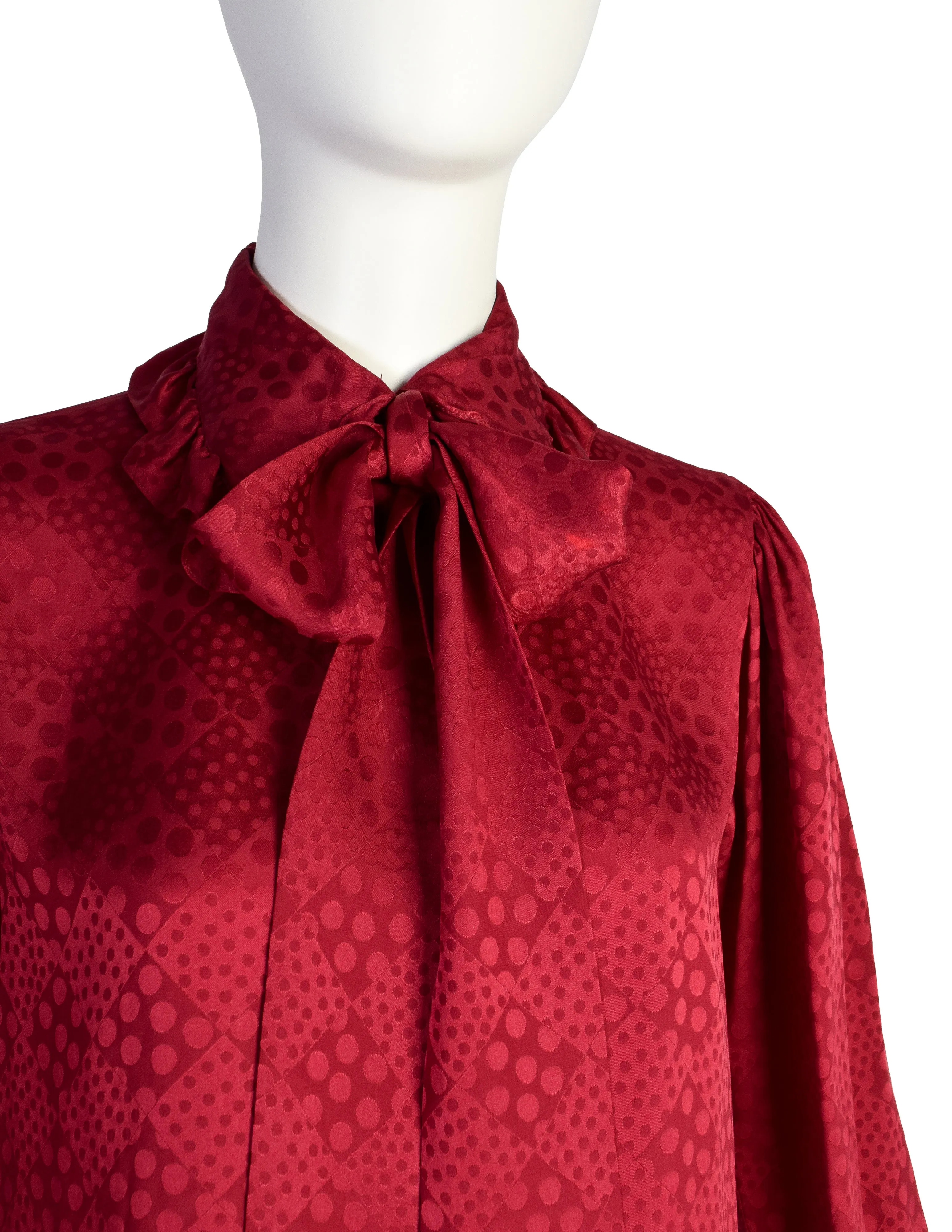 Yves Saint Laurent Vintage 1970s Maroon Silk Dot Jacquard Ruffle Lavaliere Shirt